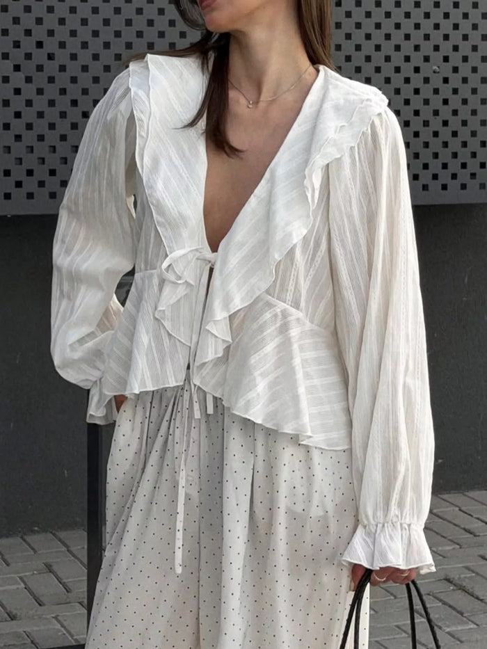 Ruffled Striped Flounce Sleeve Blouse in White