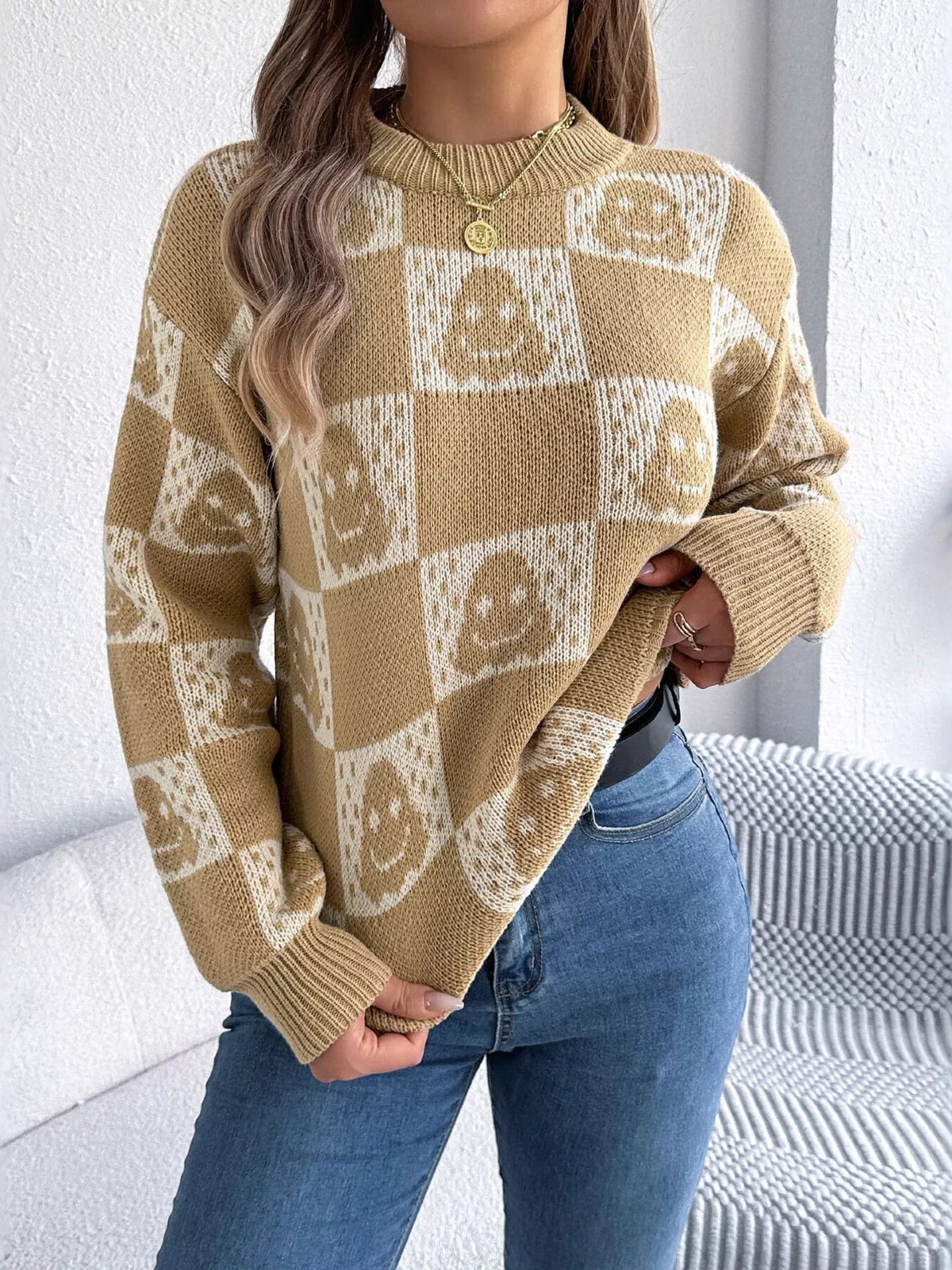 Checkerboard Halloween Graphic Sweater