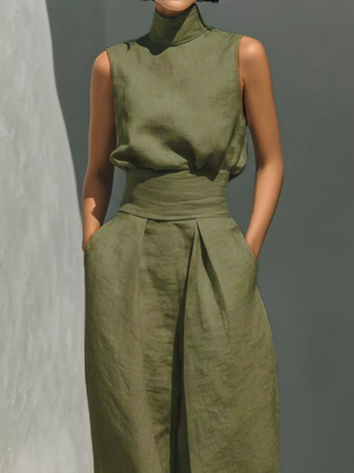 Full Size Turtleneck Sleeveless Top and Wide Leg Pants Set Plus Size - Lilixa.store