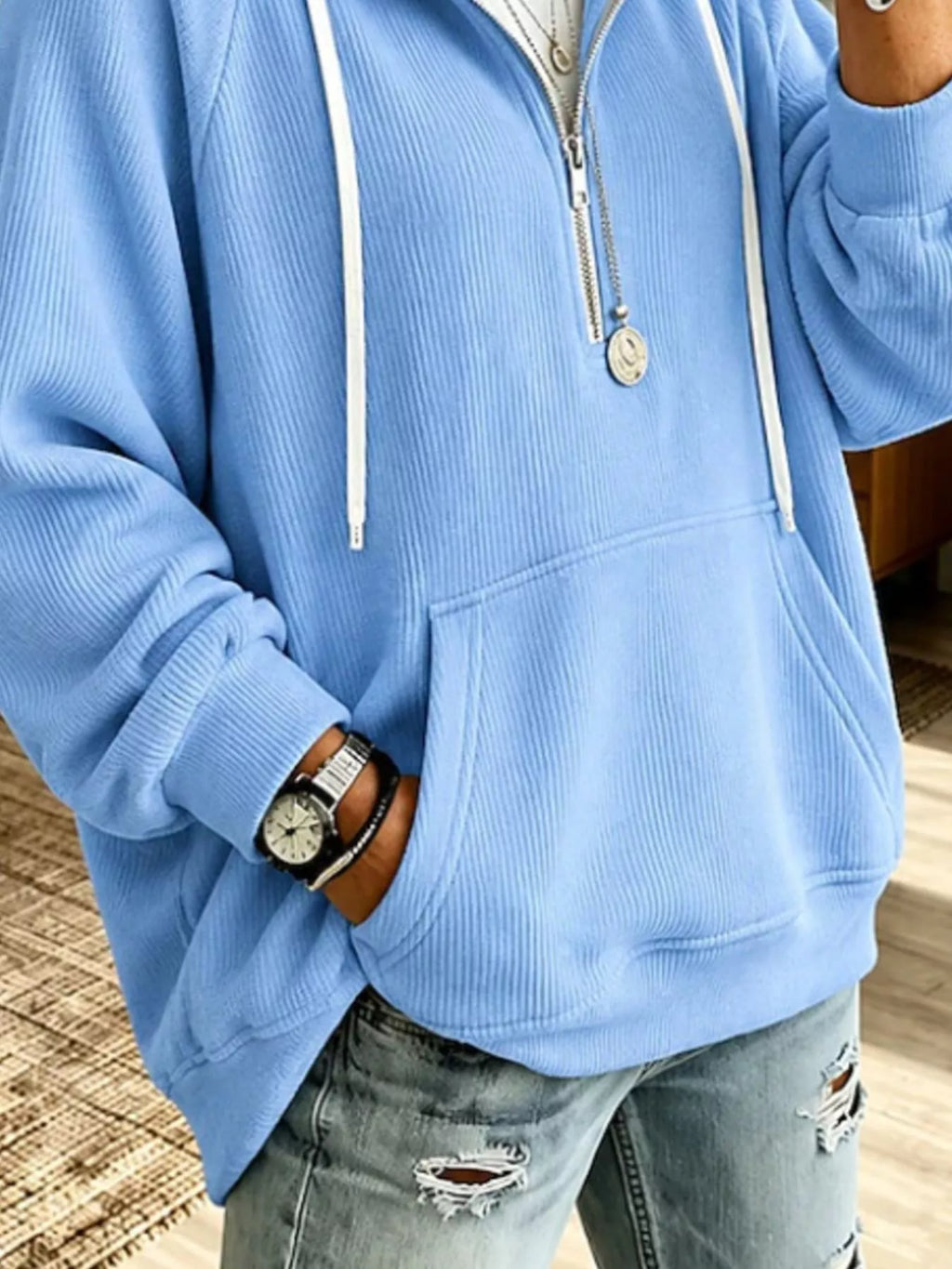 Ribbed Knit Quarter-Zip Hoodie with Kangaroo Pocket - Lilixa.store
