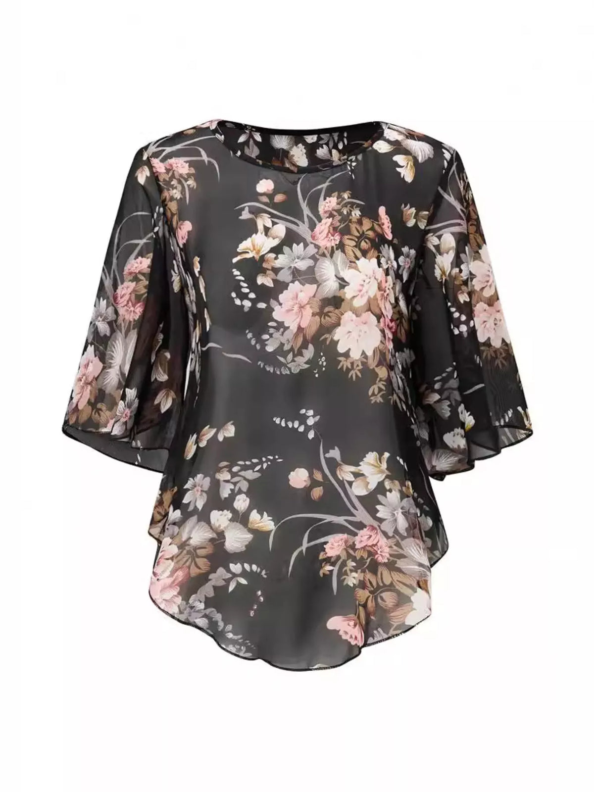 Sheer Floral Print Blouse with Flutter Sleeves in Black, view 2