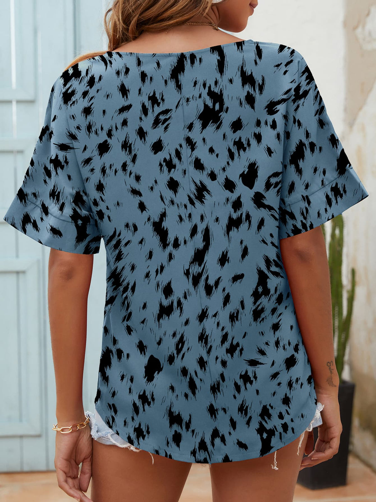 Printed Notched Neck Half Sleeve Blouse, view 6