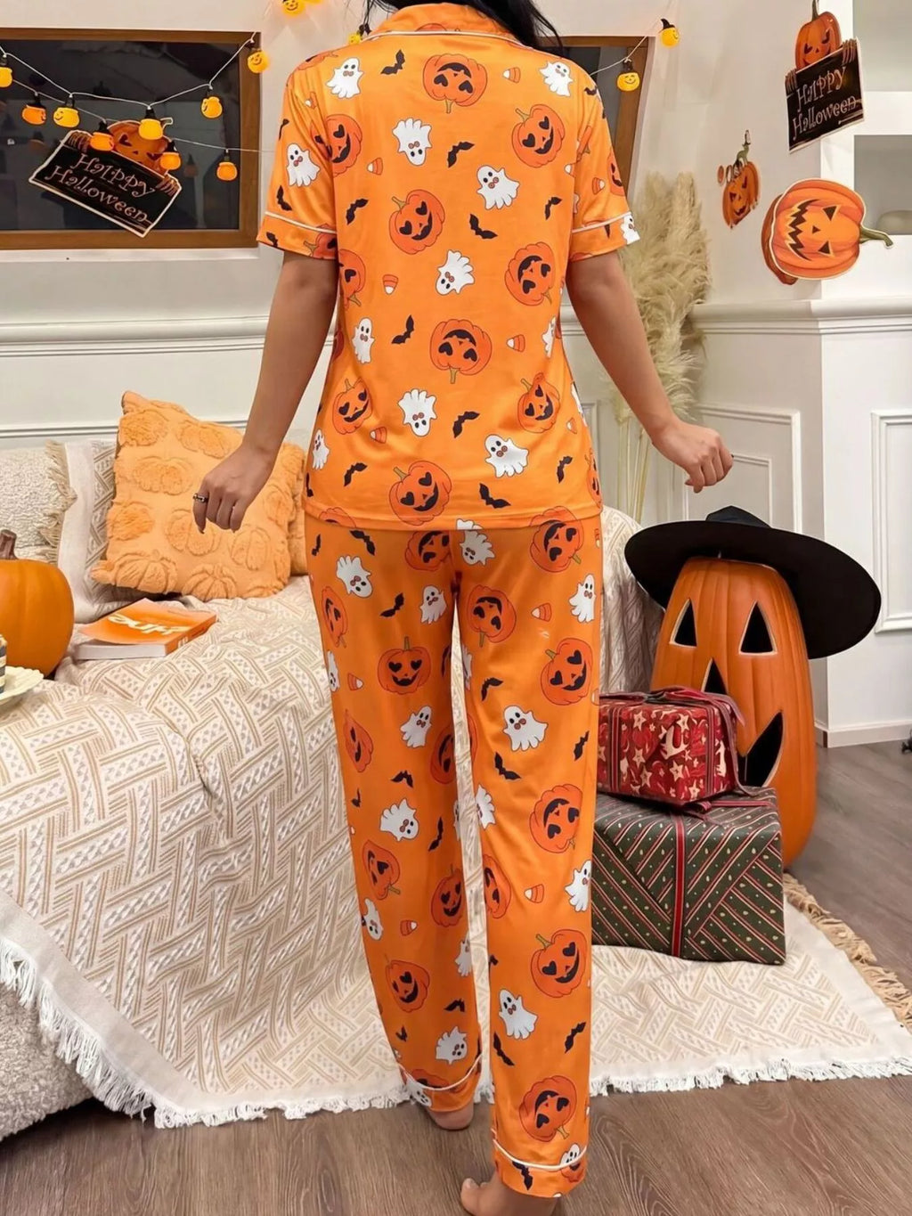 Halloween Pumpkin Print Button-Down Top and Pants Set - Lilixa.store