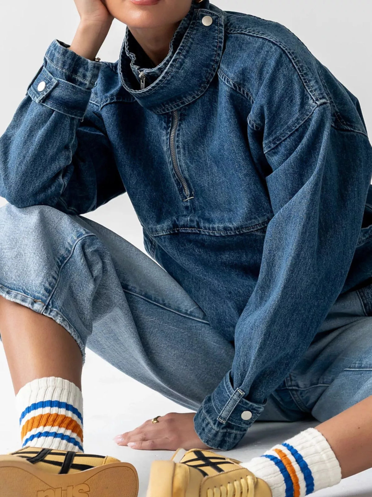 Half-Zip Turtleneck Denim Top