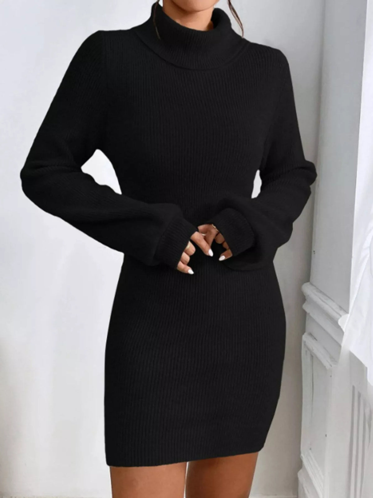 Turtleneck Ribbed Knit Sweater Dress, view 16