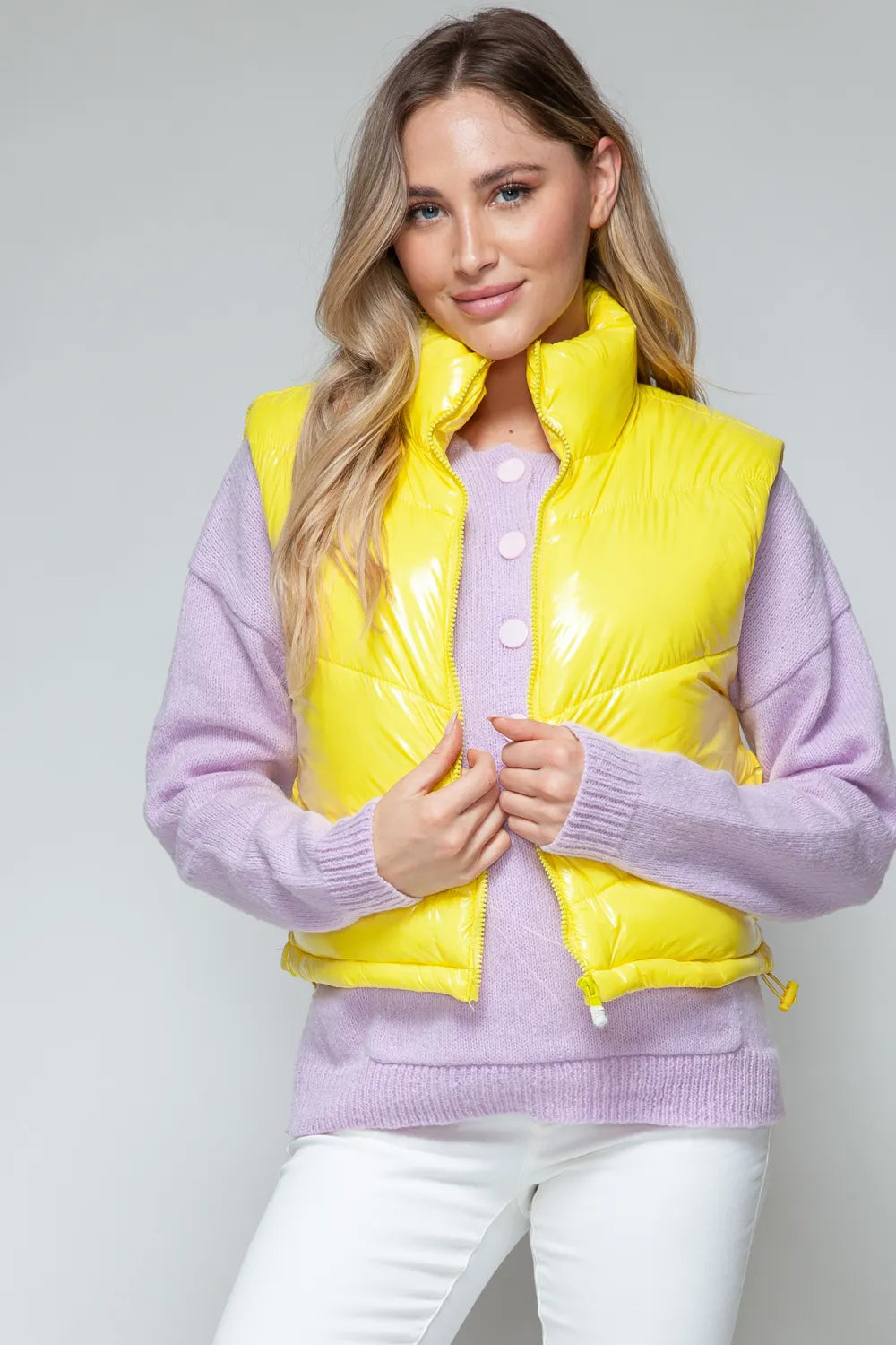 Snobbish Zip Up Turtleneck Shiny Quilted Vest in Yellow, view 6