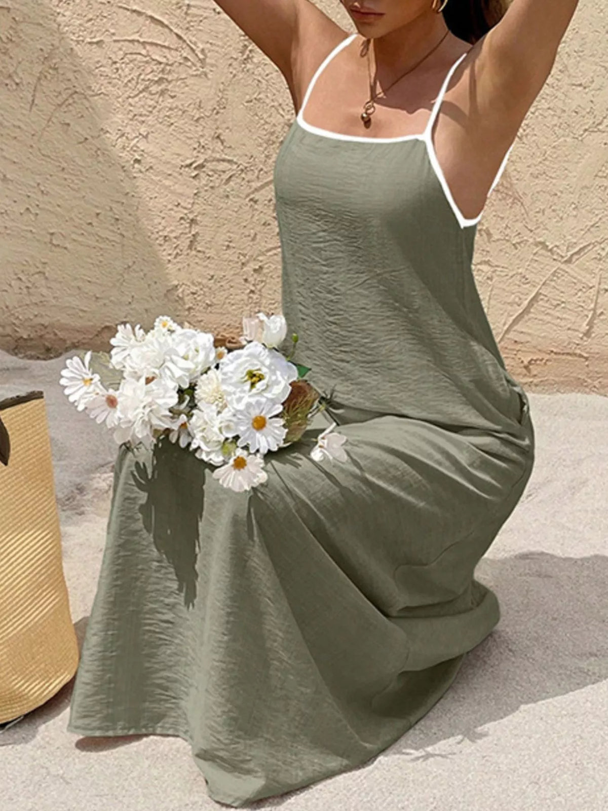 Spaghetti Strap Maxi Dress with Contrasting Trim - Lilixa.store