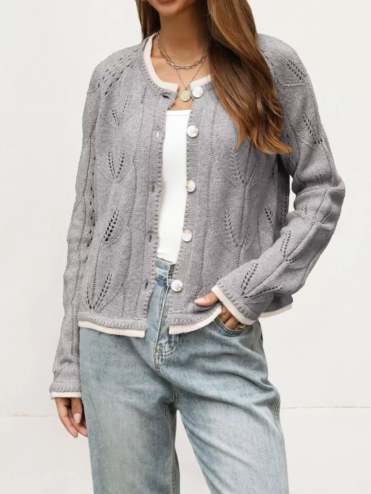 Hollow-Out Knit Button-Down Cardigan - Lilixa.store