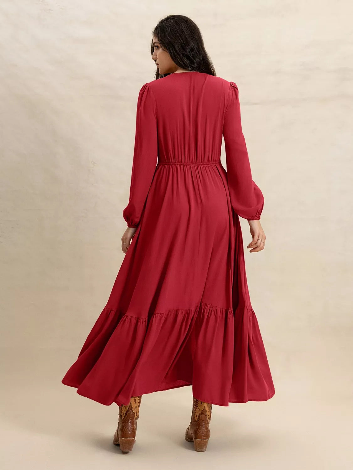 V-Neck Balloon Sleeve Ruffled Hem Maxi Dress - Lilixa.store