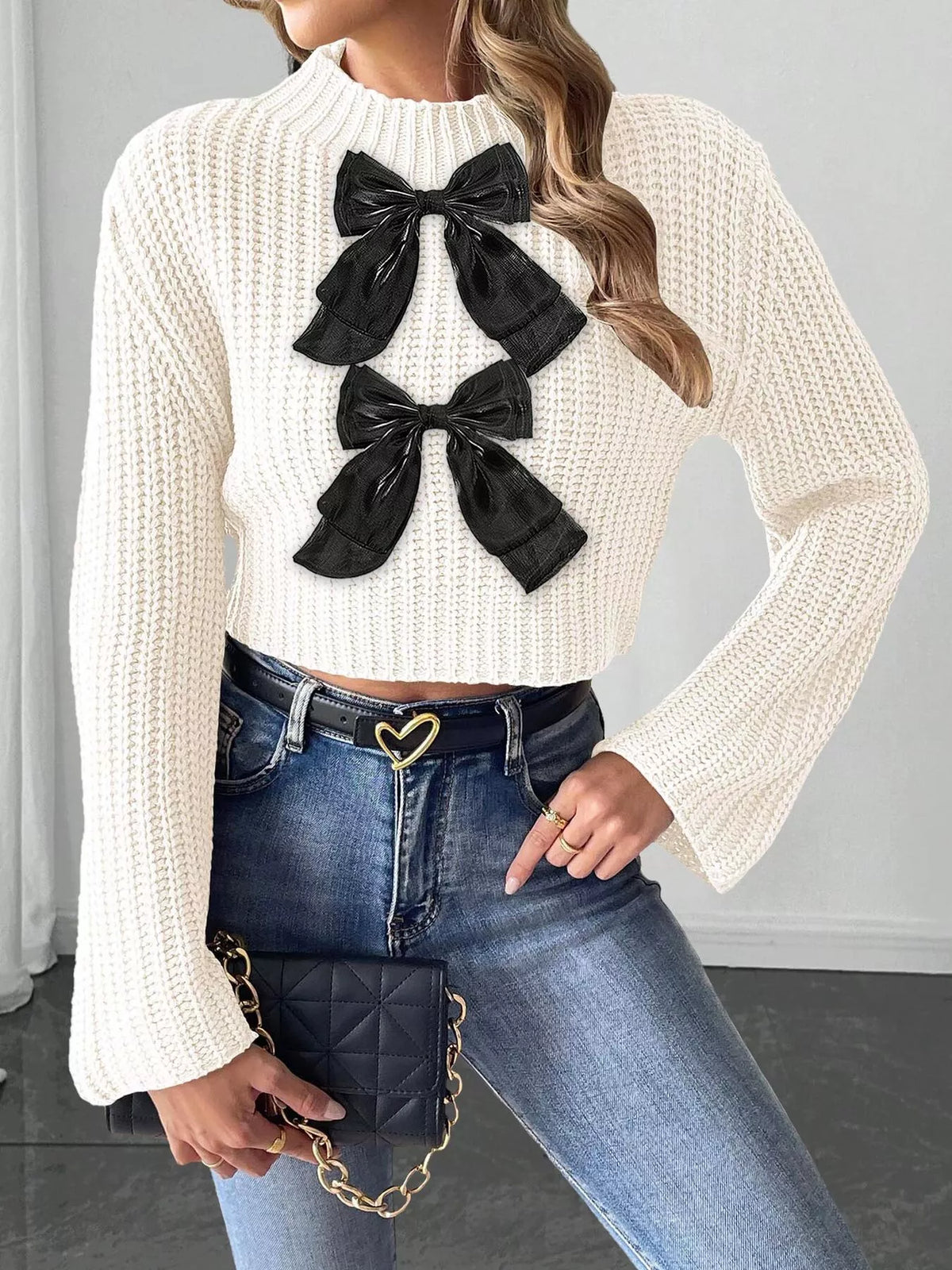 Bow-Decorated Mock Neck Cropped Sweater - Lilixa.store