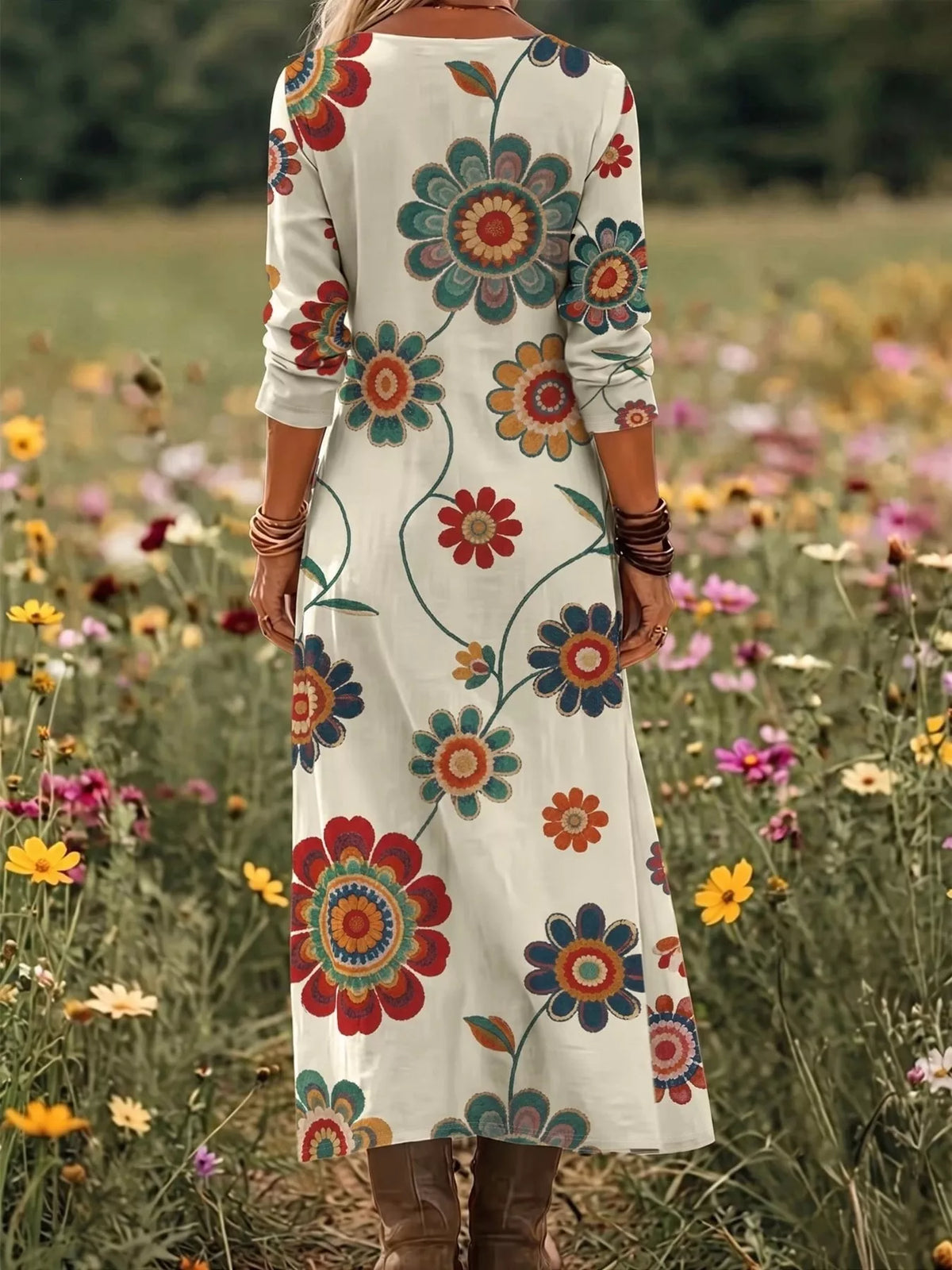 Floral Print V-Neck Long Sleeve Maxi Dress