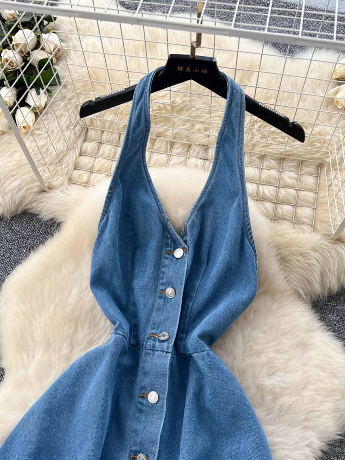 Halter Neck Button-Down Denim Dress - Lilixa.store