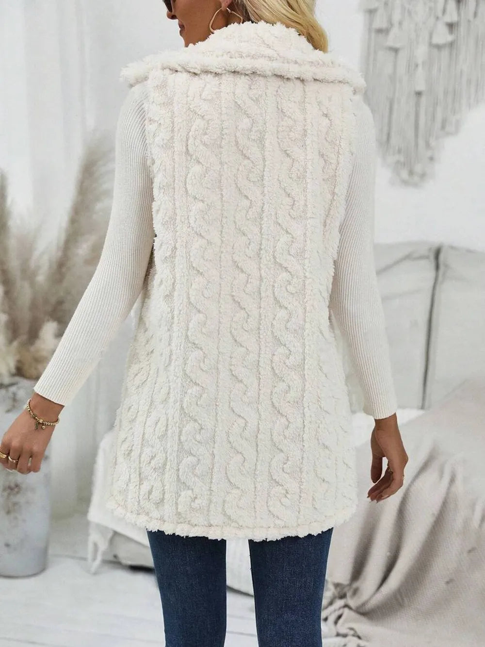 Fuzzy Button Up Vest Coat in Beige, view 5