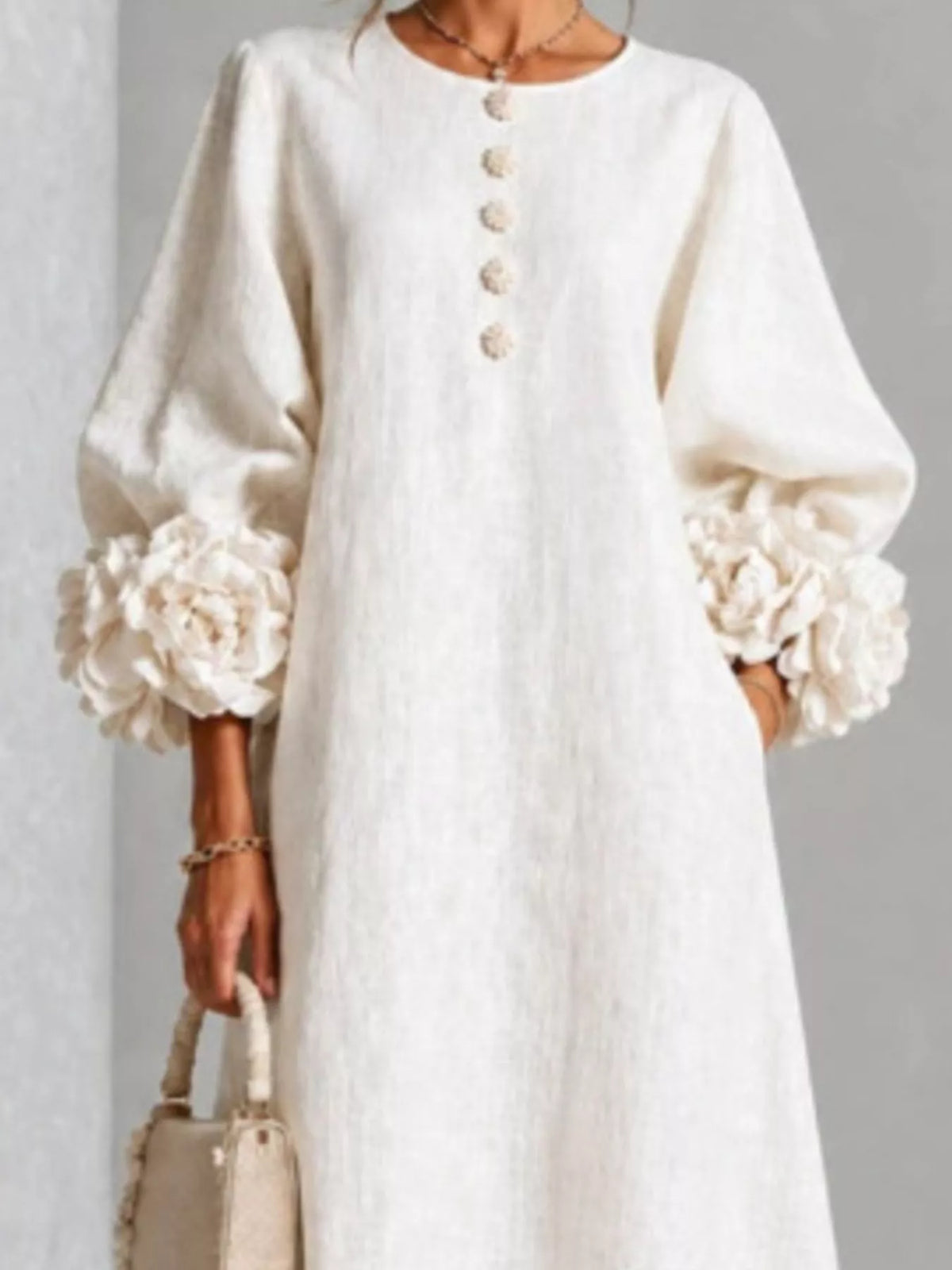 3D Floral Round Neck Midi Dress