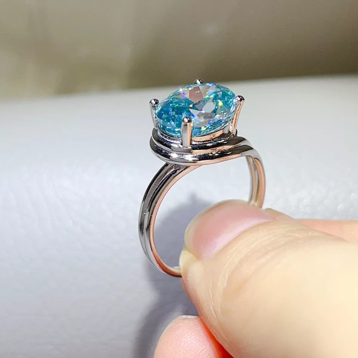 5 Carat 925 Sterling Silver Moissanite Ring in Pastel Blue, view 6