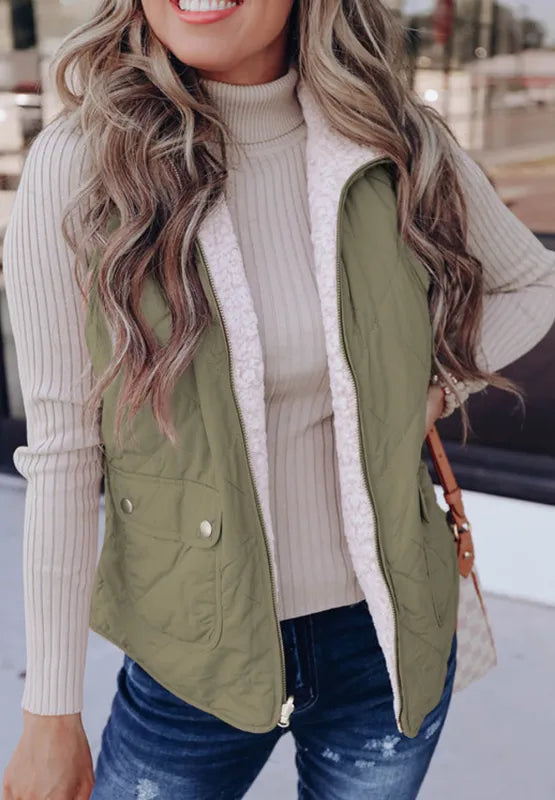 Fuzzy Zip Up Vest Coat with Pockets in Sage