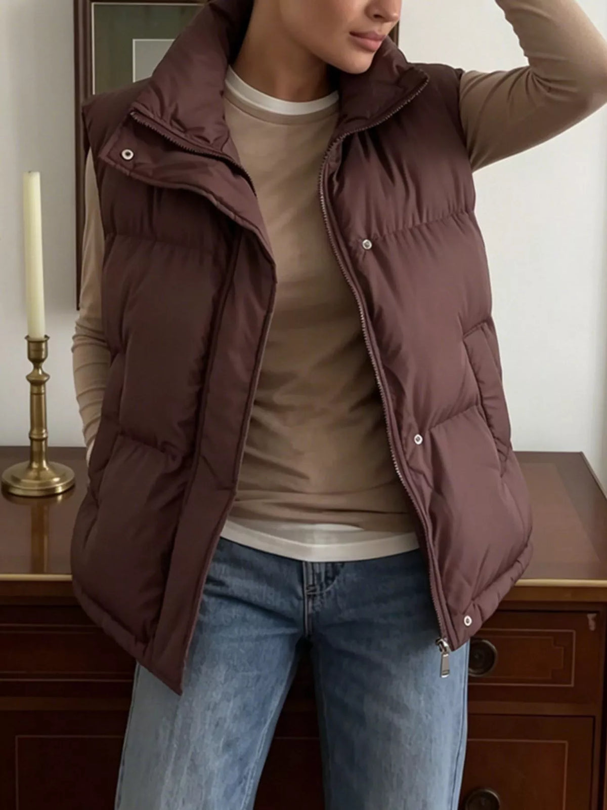 Snap-Button Placket Quilted Puffer Vest Coat, view 9