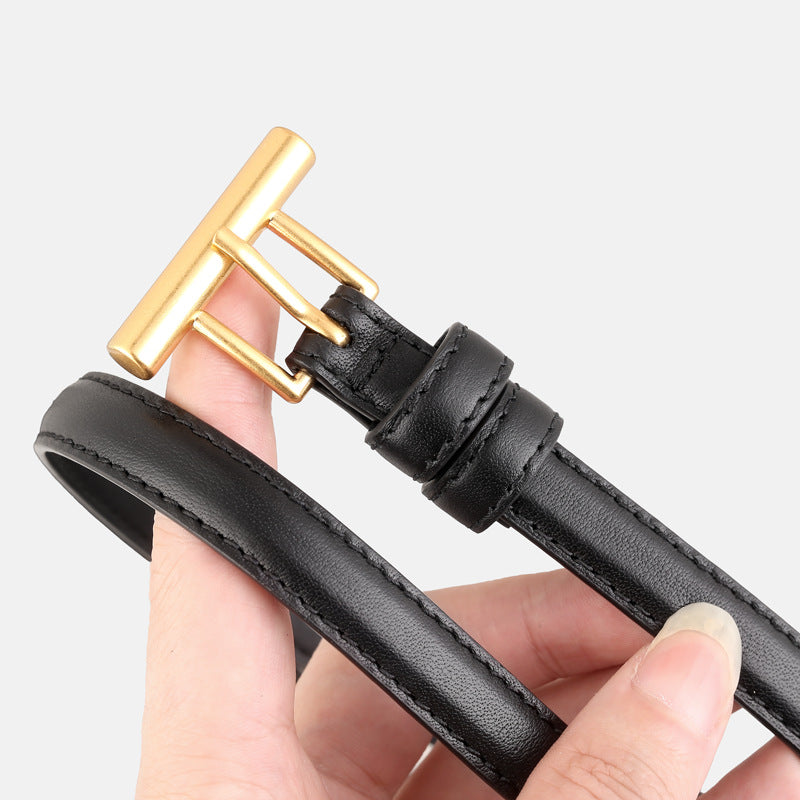 Leather Belt with Golden T-Buckle - Lilixa.store