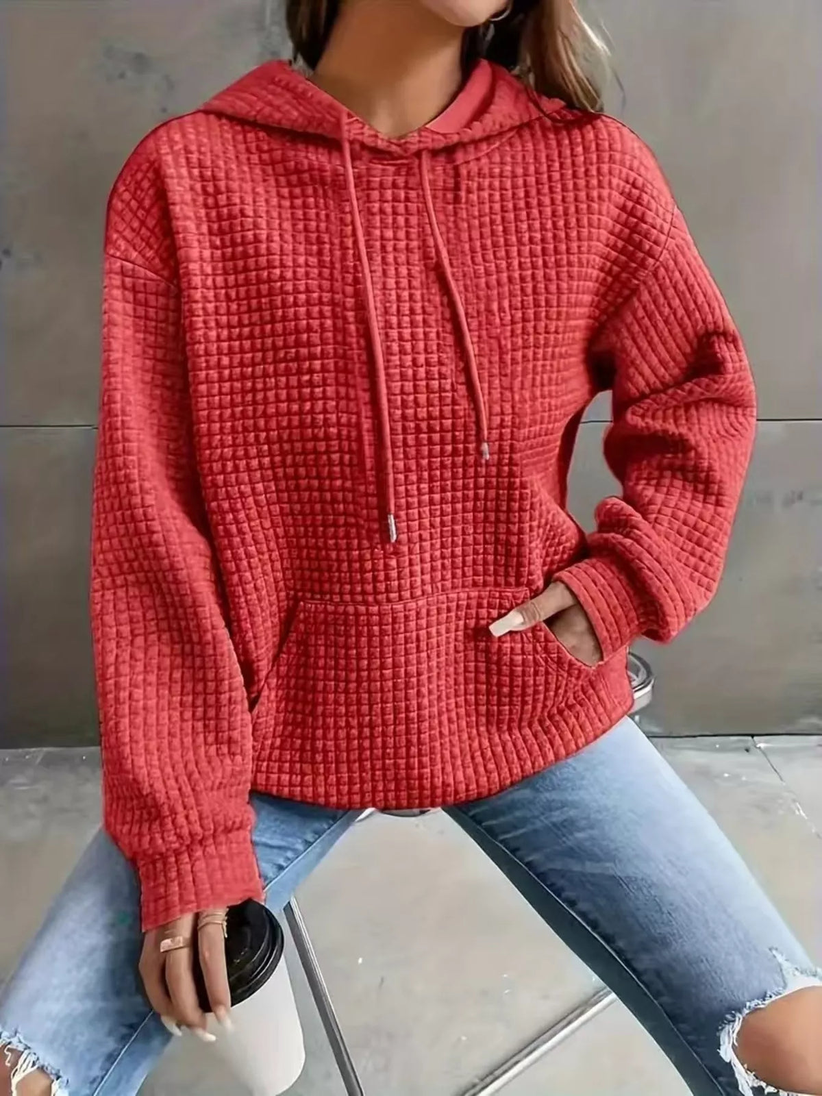 Textured Knit Drawstring Hoodie - Lilixa.store