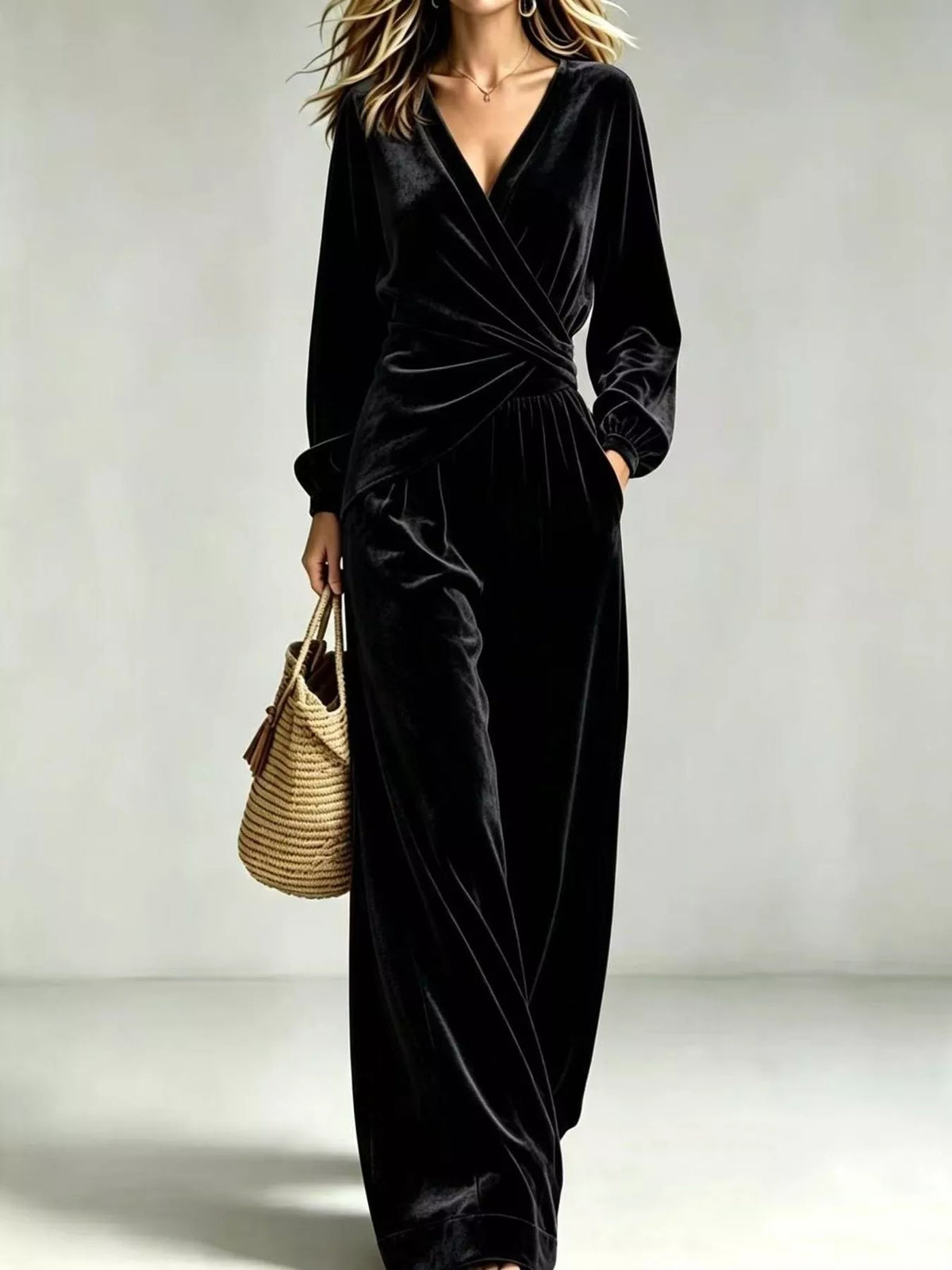 Velvet Wrap-Front Top and Pants Set