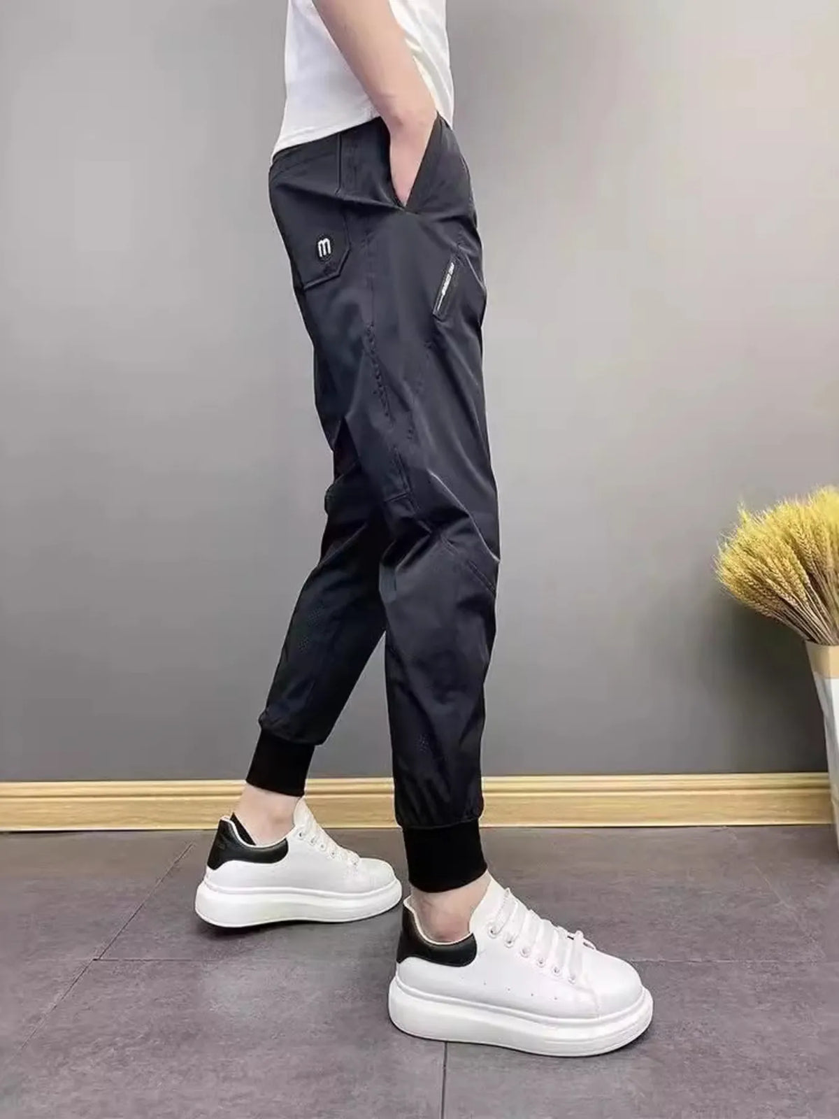 Men's Plus Size Slim-Fit Ankle-Cuffed Pants in Black, view 3