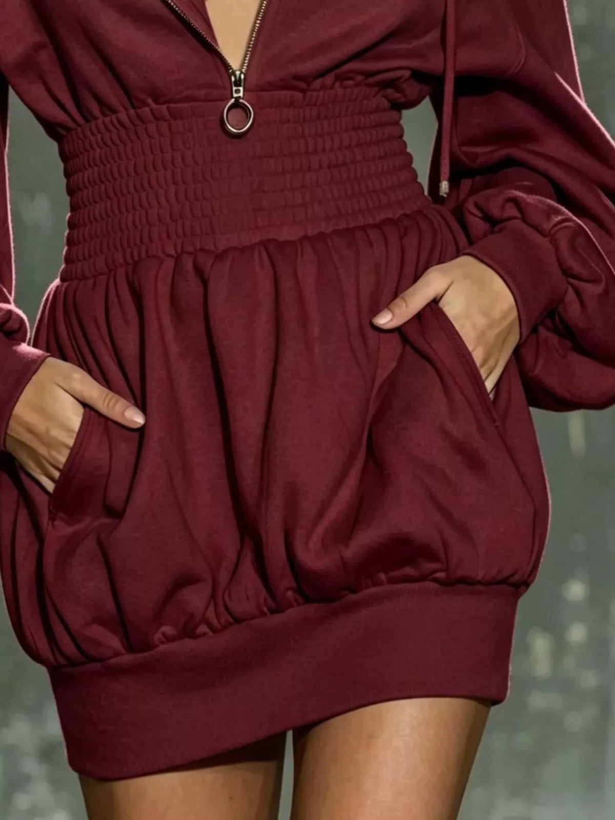 Hooded Long Sleeve Mini Dress with Smocked Waist - Lilixa.store