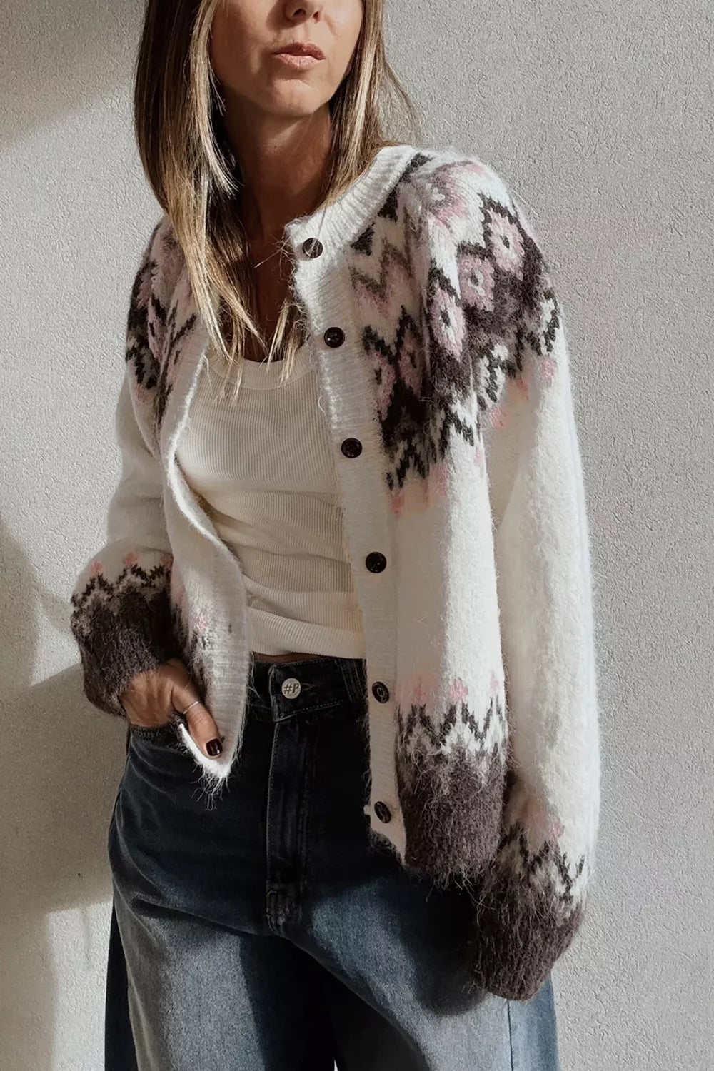 Geometric Pattern Brushed Knit Button Cardigan - Lilixa.store