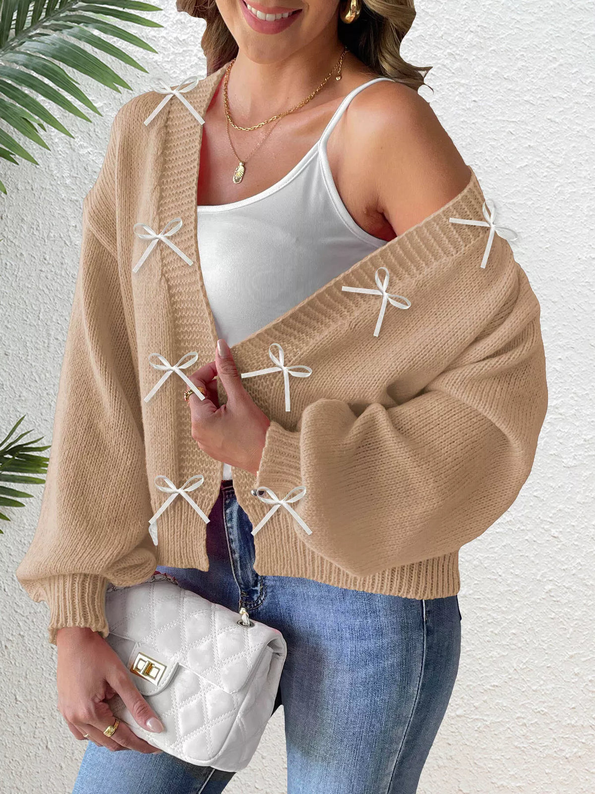 Bow-Tie Open Front Knit Cardigan - Lilixa.store