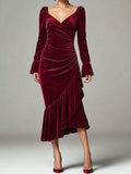 Velvet Ruched Ruffle Hem Midi Dress - Lilixa.store