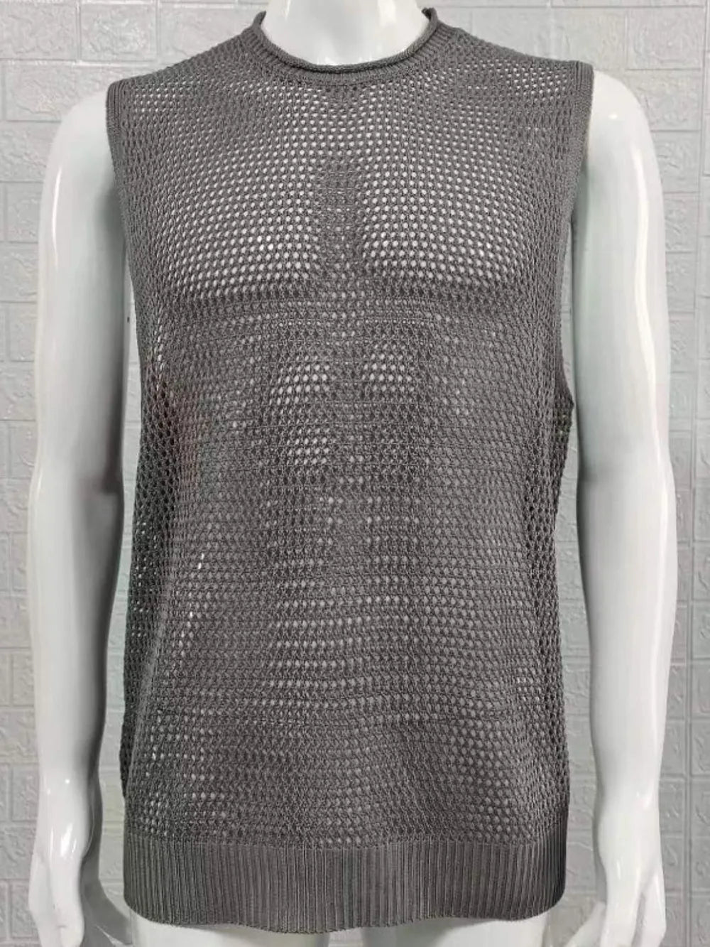 Men's Openwork Round Neck Sleeveless Knit Top - Lilixa.store