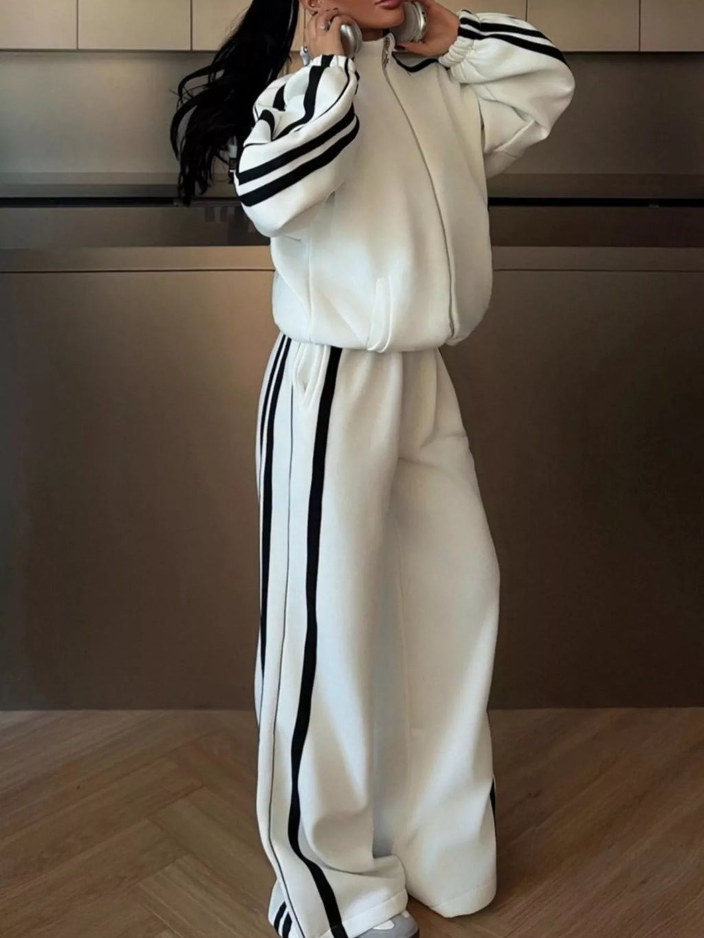 Side Stripes Zip Up Top and Pants Set - Lilixa.store