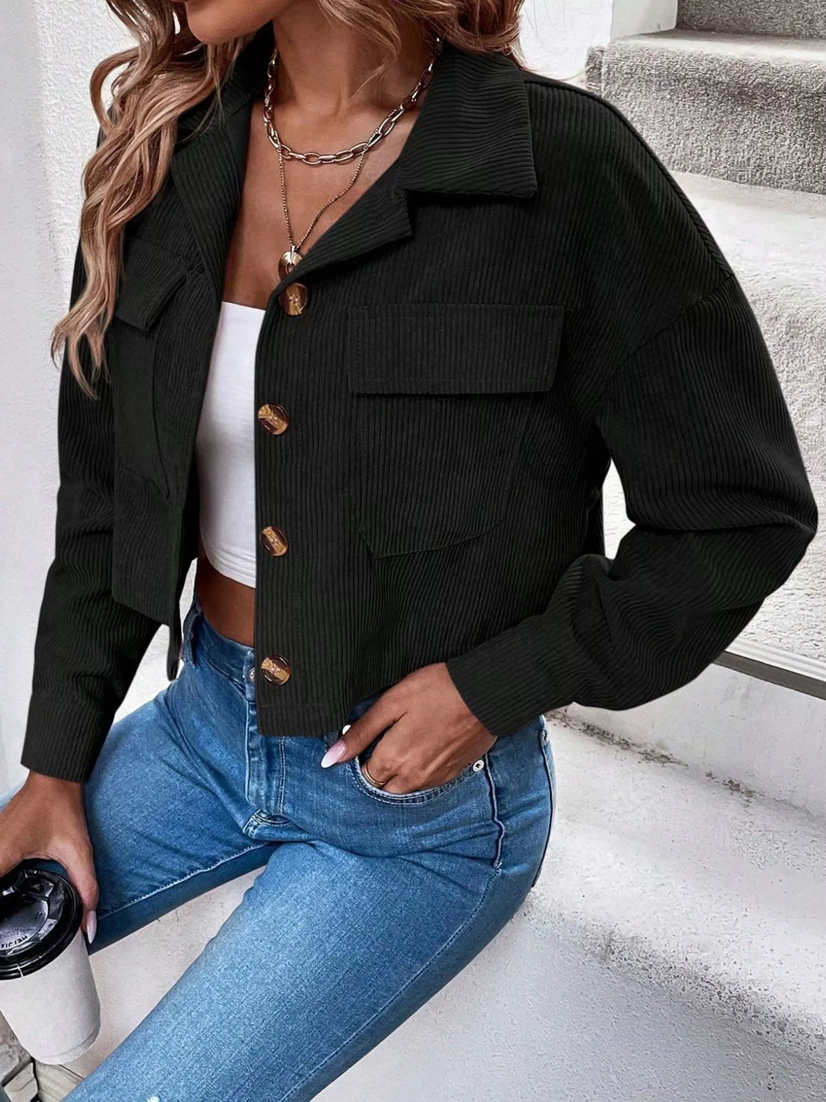 Cropped Corduroy Button-Down Jacket
