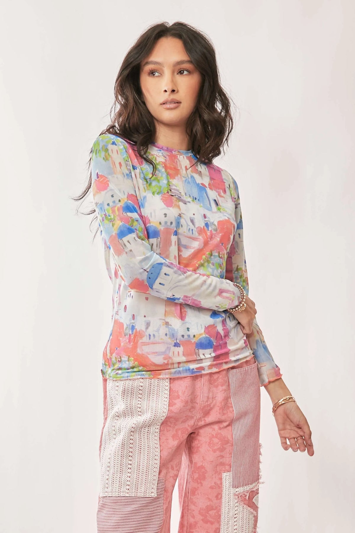 Davi & Dani Multi Printed Mesh Round Neck Long Sleeve Top - Lilixa.store