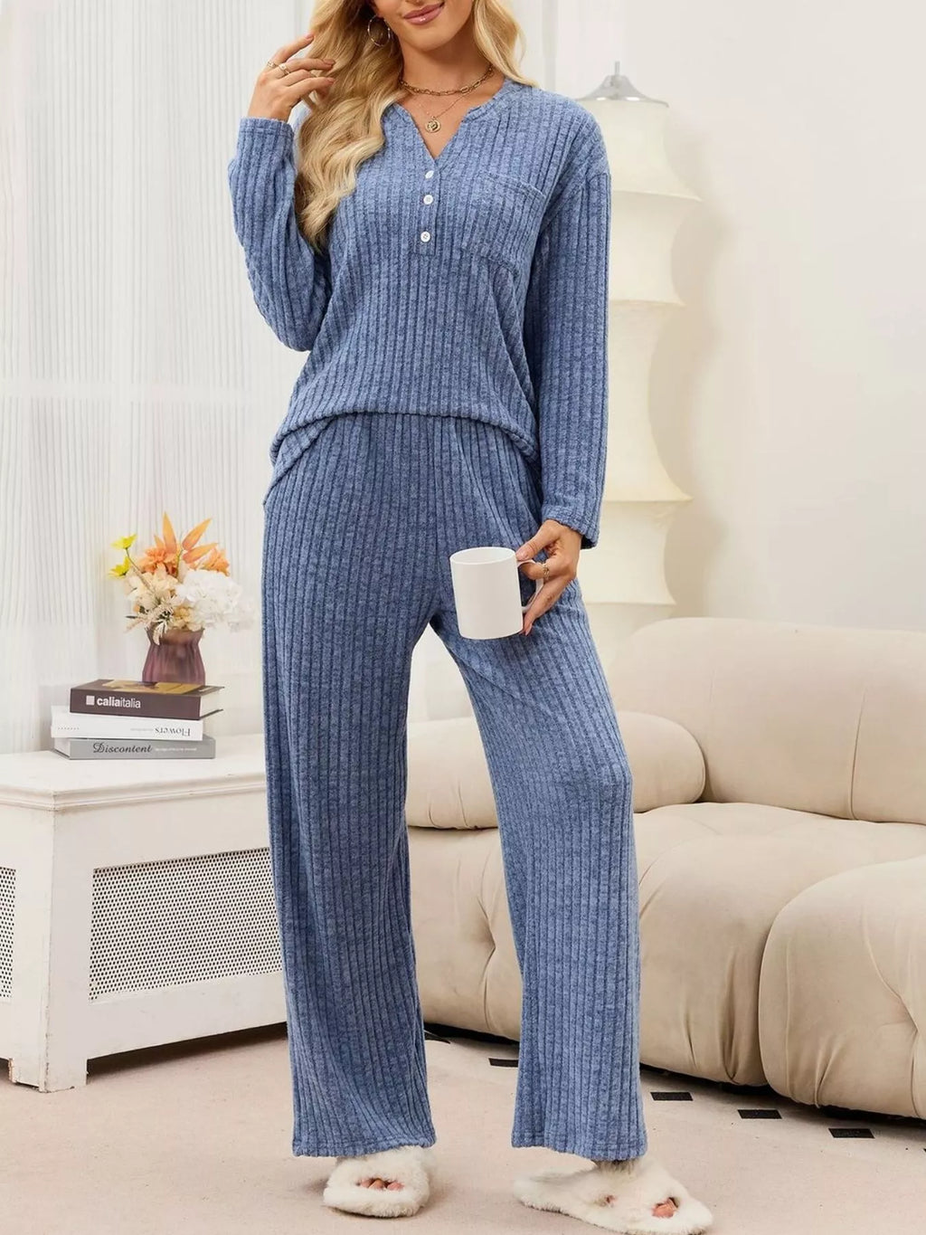 Ribbed Knit Top and Wide-Leg Pants Set - Lilixa.store