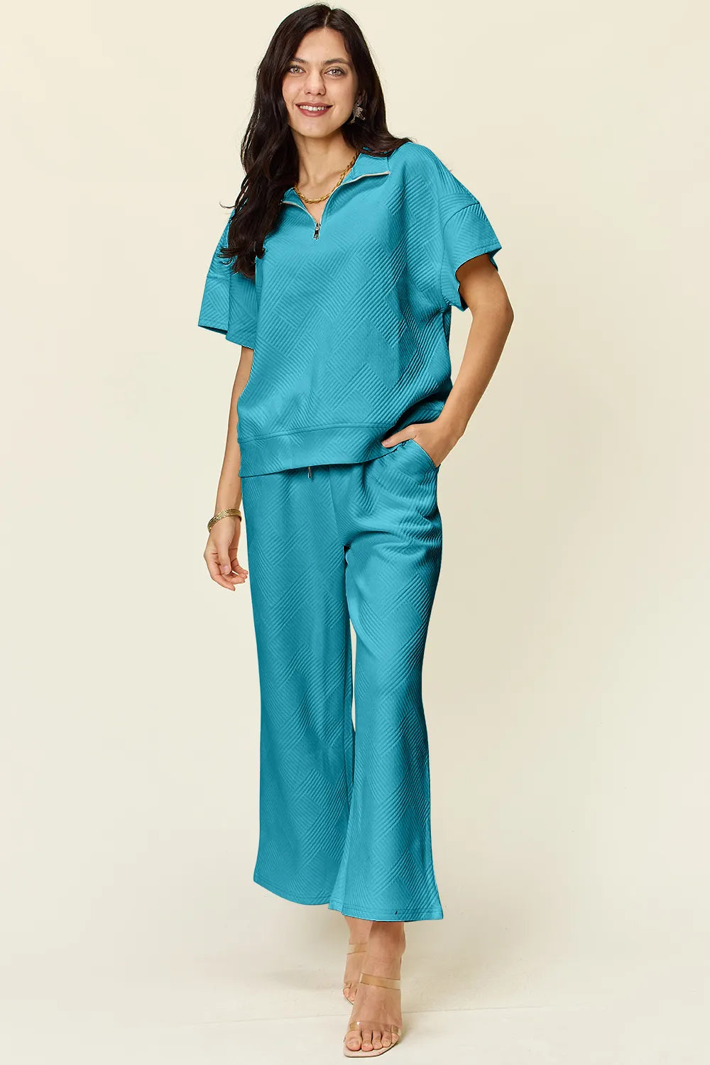 Double Take Full Size Texture Half Zip Short Sleeve Top and Pants Set, view 13