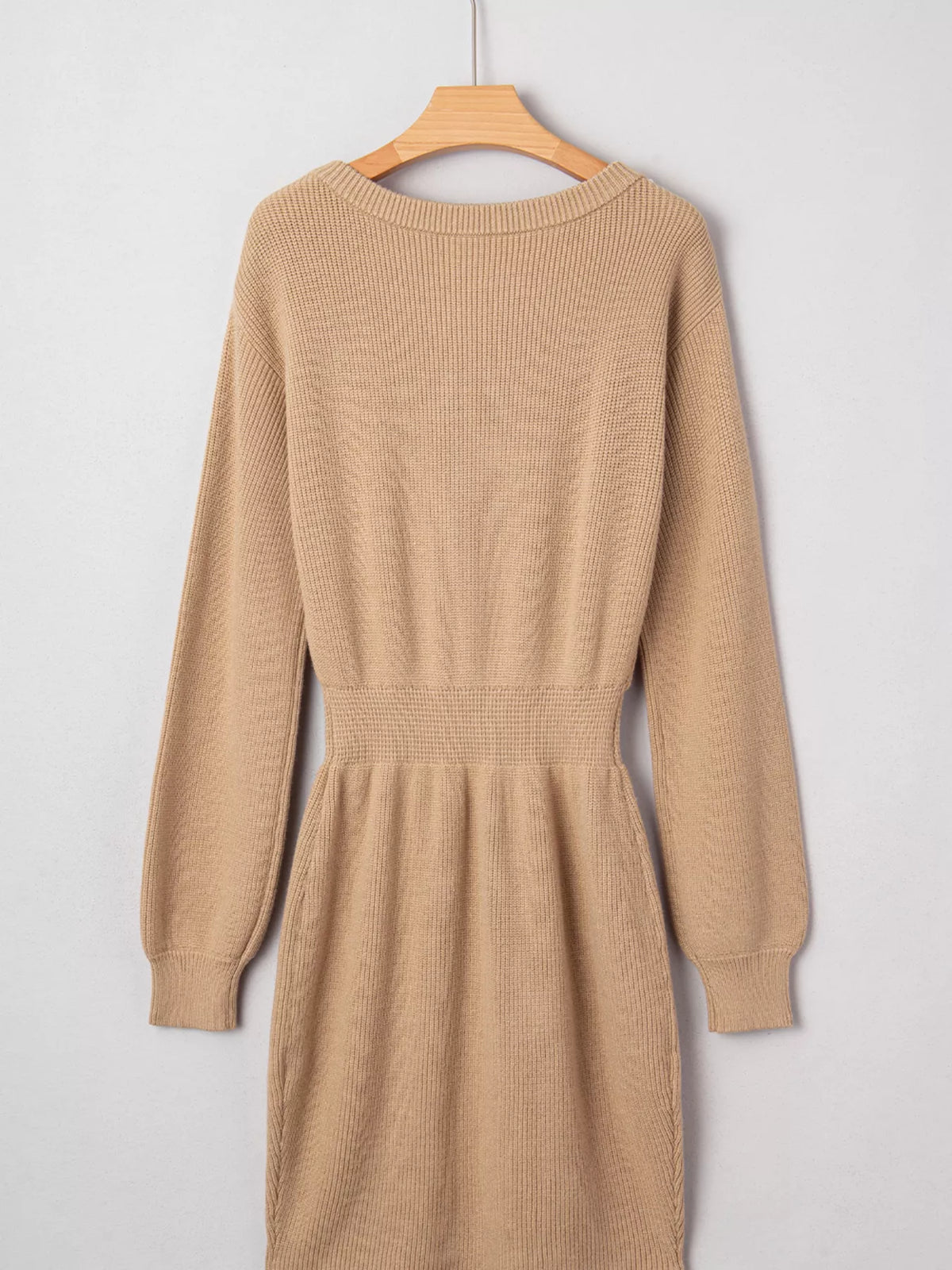 Pearl Embellished Keyhole Ribbed Sweater Dress in Camel, view 8