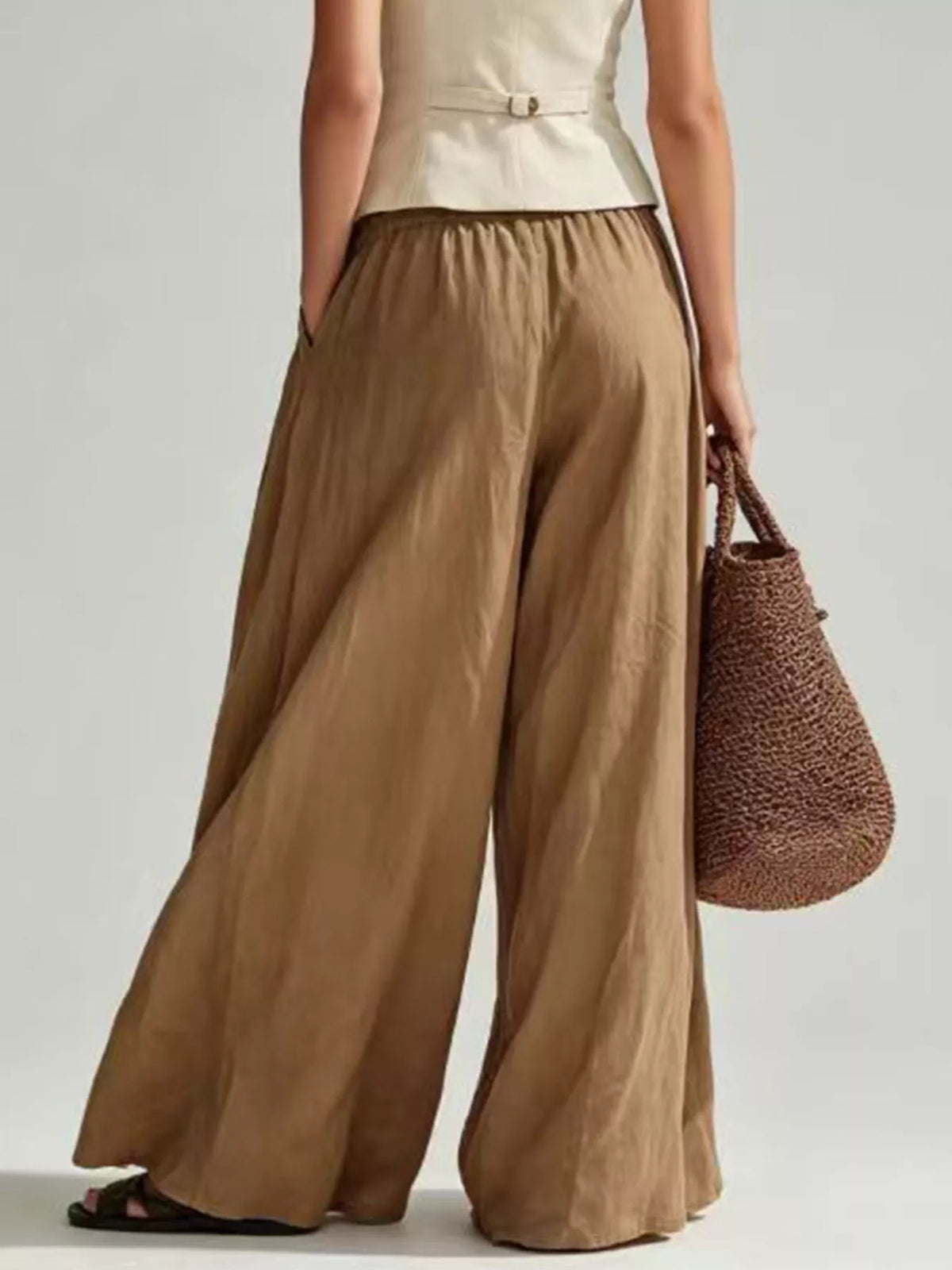 High-Waisted Pleated Wide-Leg Pants in Deep Khaki Color, view 5