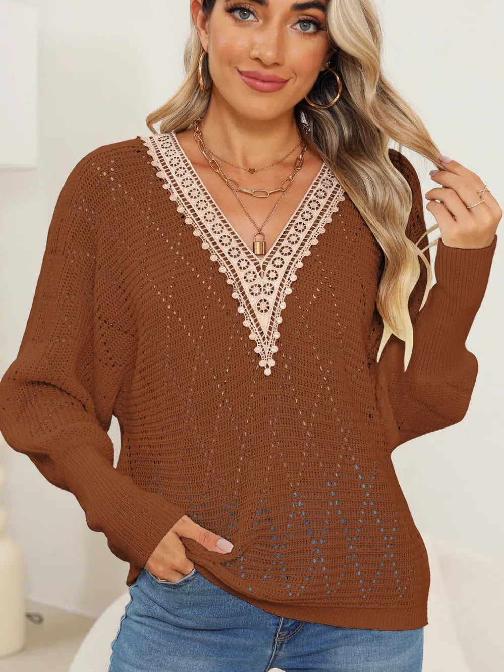 Lace Detail V-Neck Long Sleeve Sweater - Lilixa.store