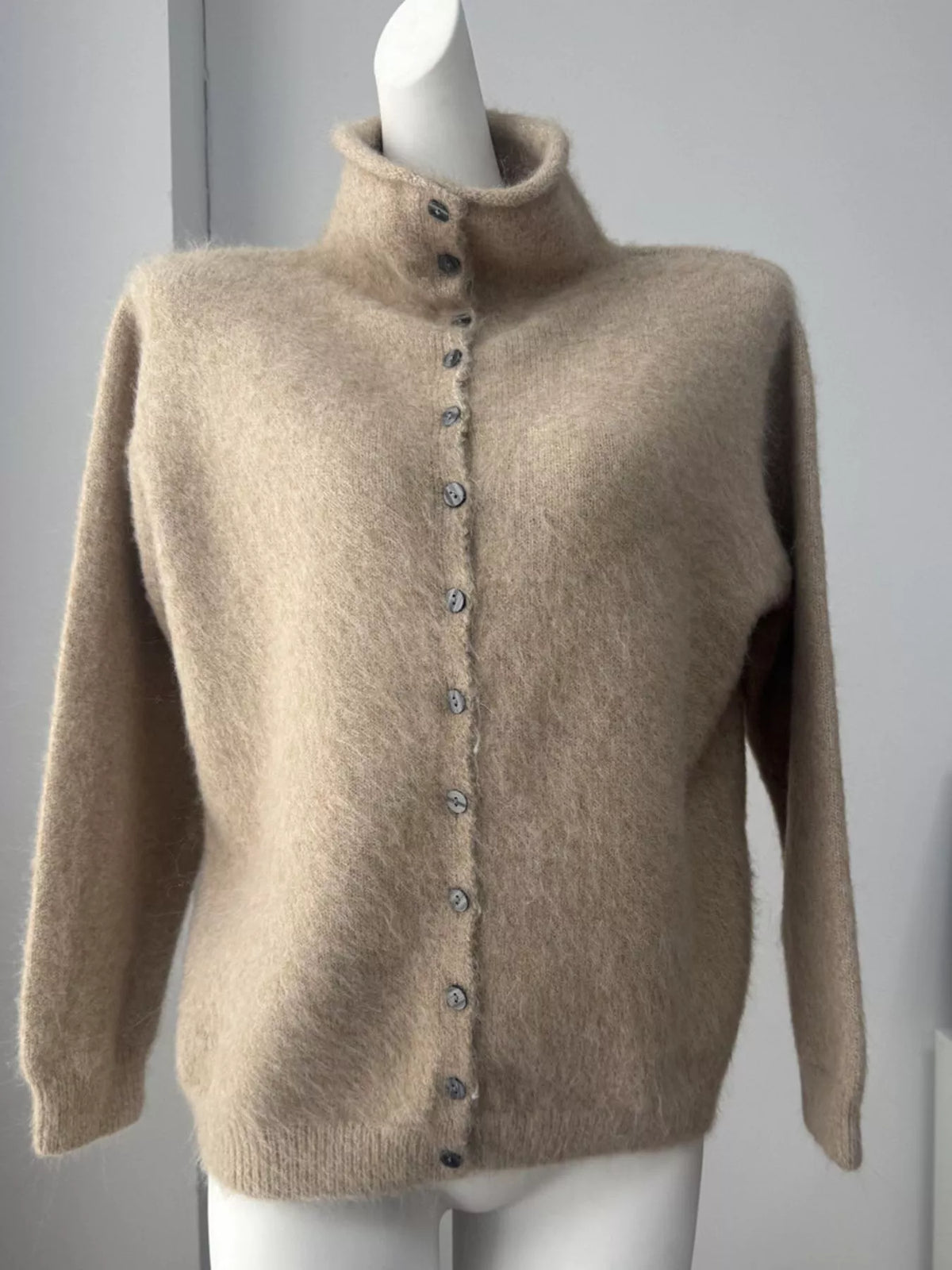 Mock Neck Button-Down Fuzzy Knit Cardigan, view 3