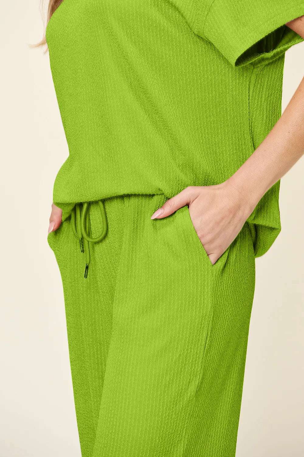 Double Take Full Size Texture Round Neck Short Sleeve T-Shirt and Wide Leg Pants, view 3