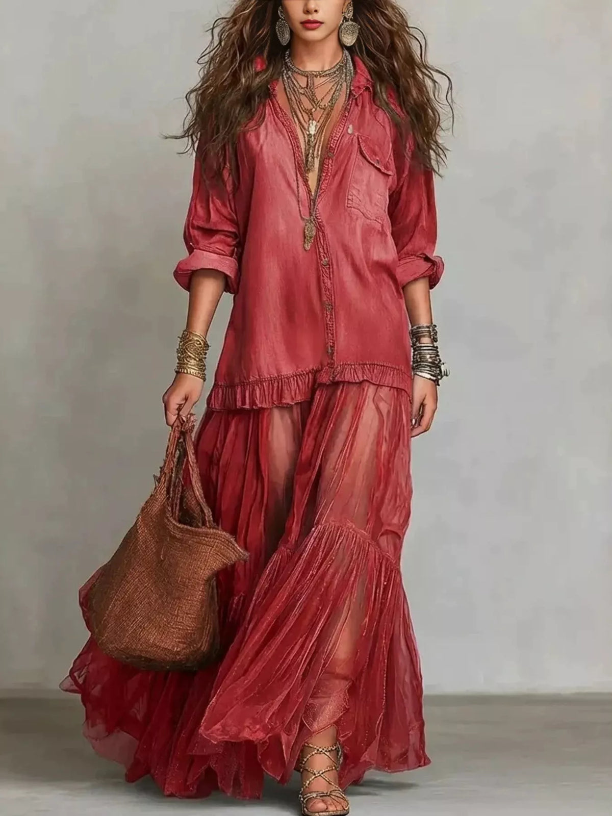 Full Size Tiered Long Sleeve Denim Shirt Maxi Dress Plus Size - Lilixa.store
