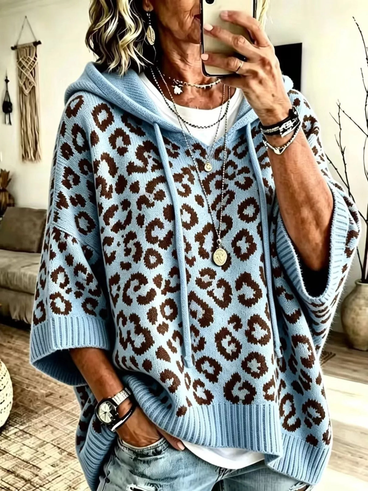 Leopard Print Hooded Knit Sweater in Blue