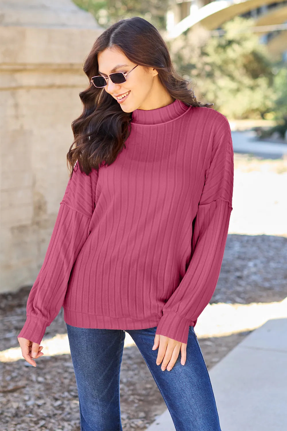 Basic Bae Full Size Ribbed Exposed Seam Mock Neck Knit Top - Lilixa.store