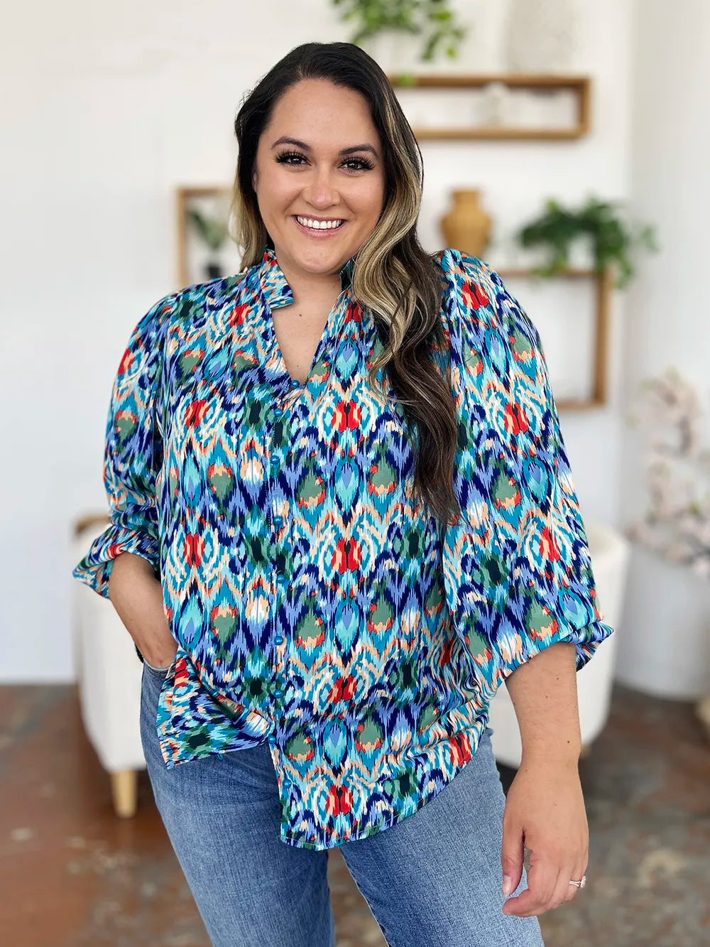 Double Take Full Size Printed Balloon Sleeve Blouse - Lilixa.store