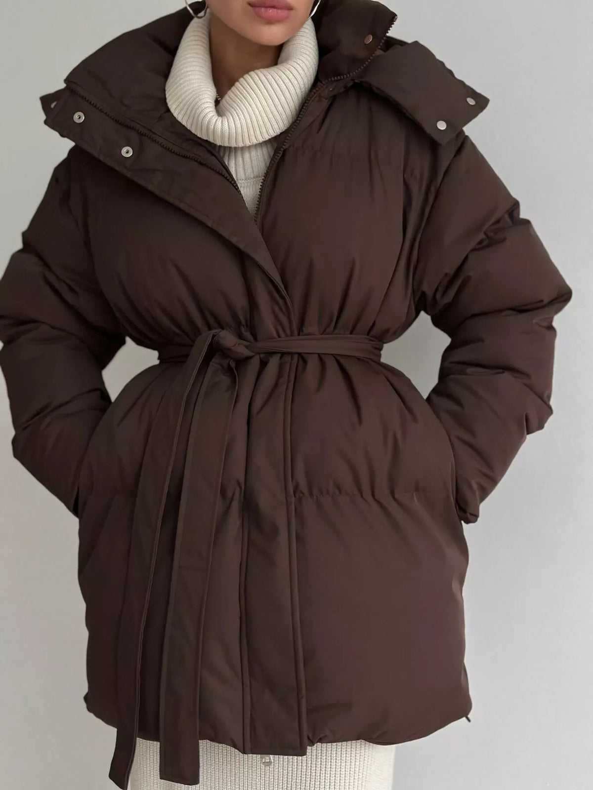Mid-Length Thickened Hooded Winter Coat with Belted in Dark Brown