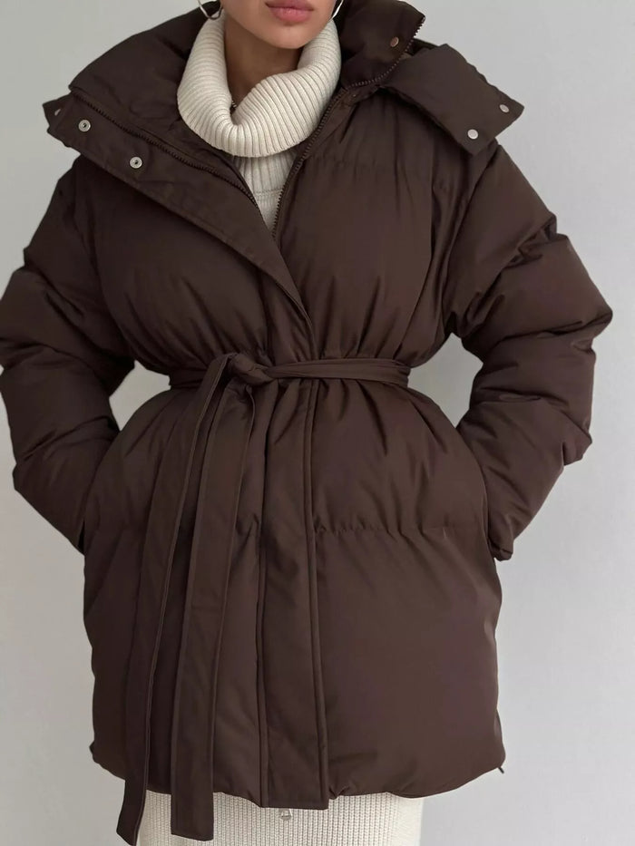 Mid-Length Thickened Hooded Winter Coat with Belted in Dark Brown