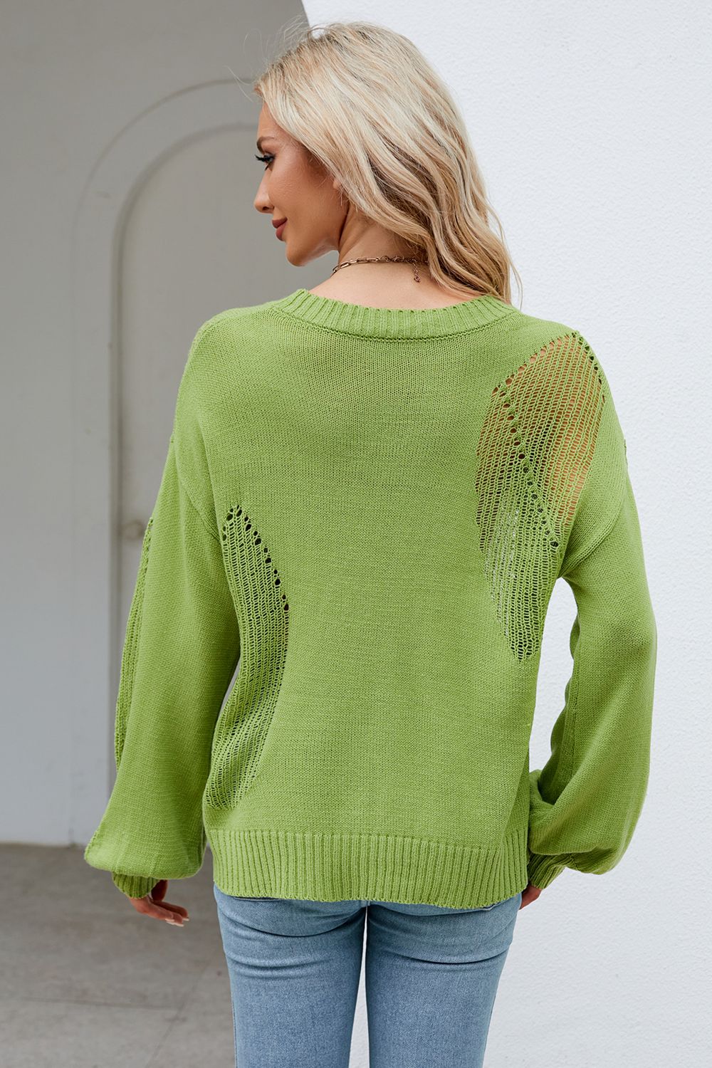 Openwork Round Neck Dropped Shoulder Knit Top - Lilixa.store