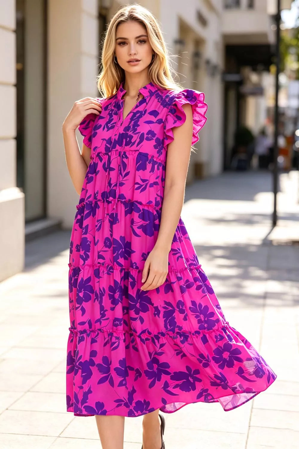 Oh Full Size Floral Ruffled Cap Sleeve Loose Flowy Summer Vacation Tiered Midi Dress Plus Size in Red-Violet, view 2