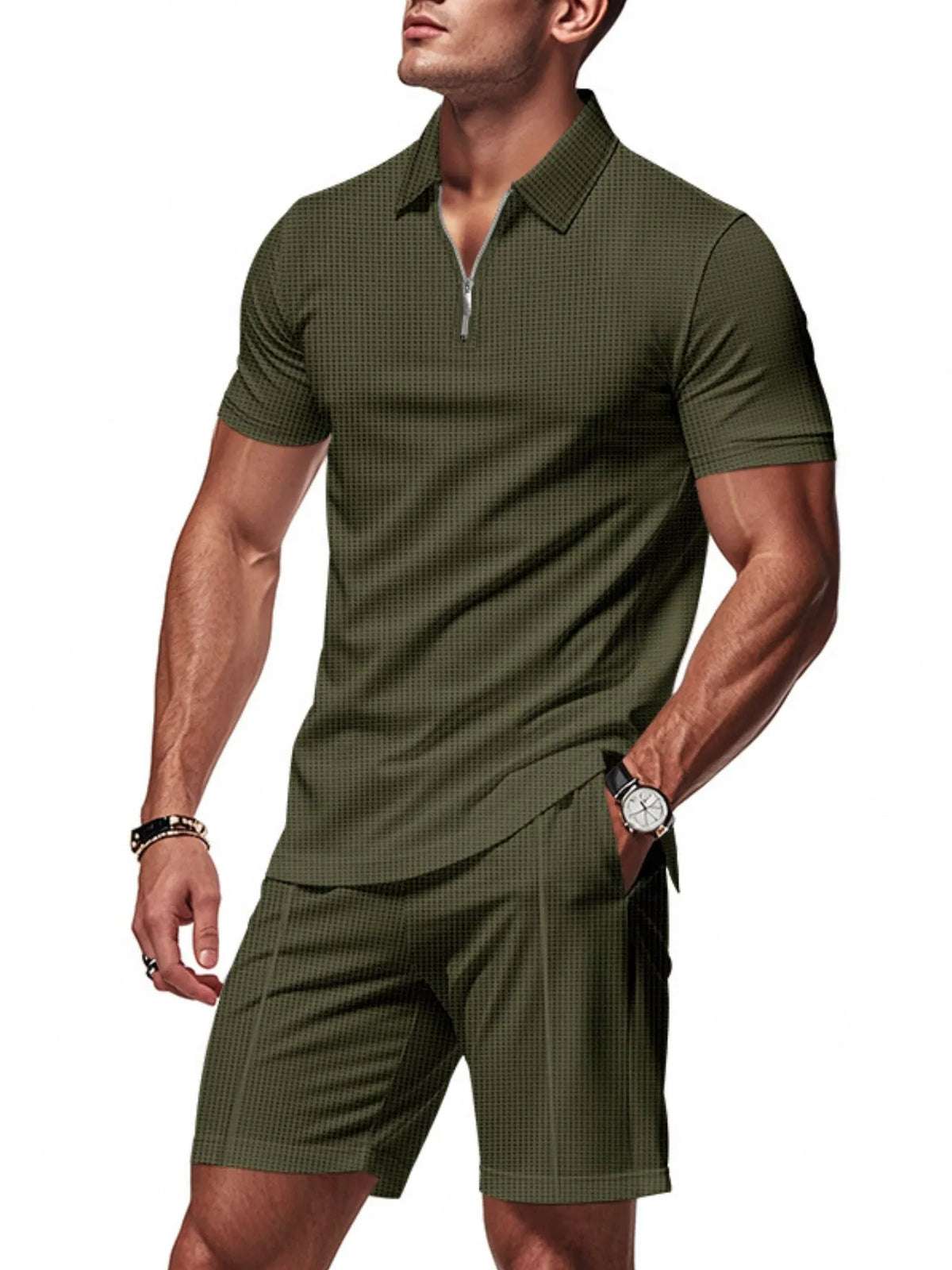 Men's Plus Size Quarter Zip Short Sleeve Top and Shorts Set in Army Green