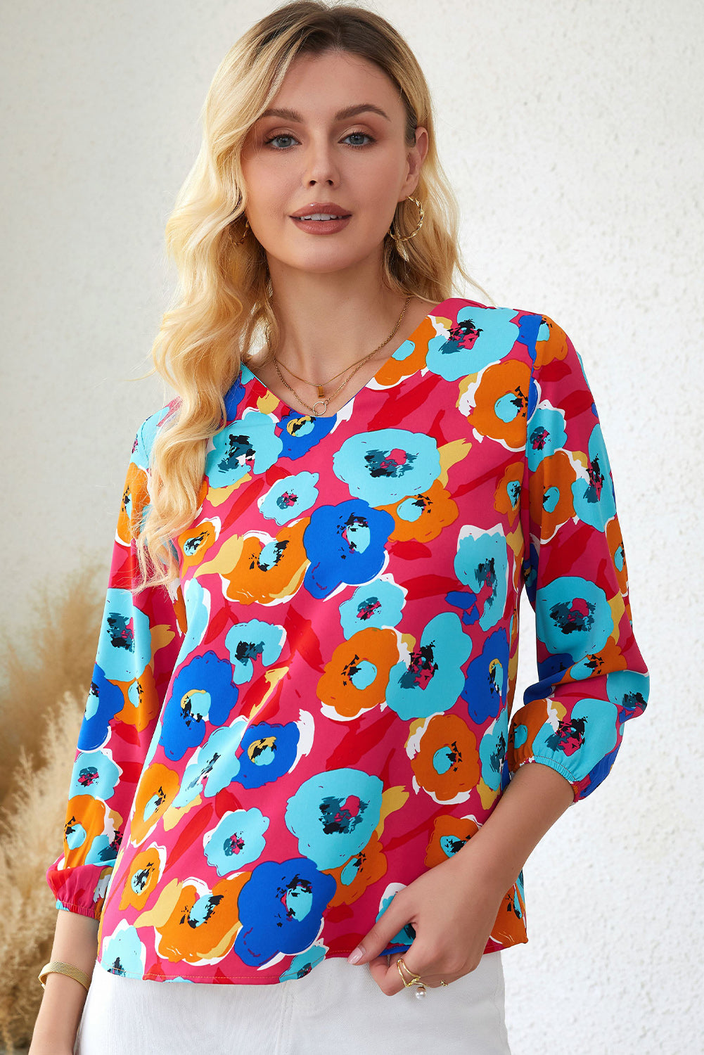 Floral V-Neck Three-Quarter Sleeve Top in Hot Pink